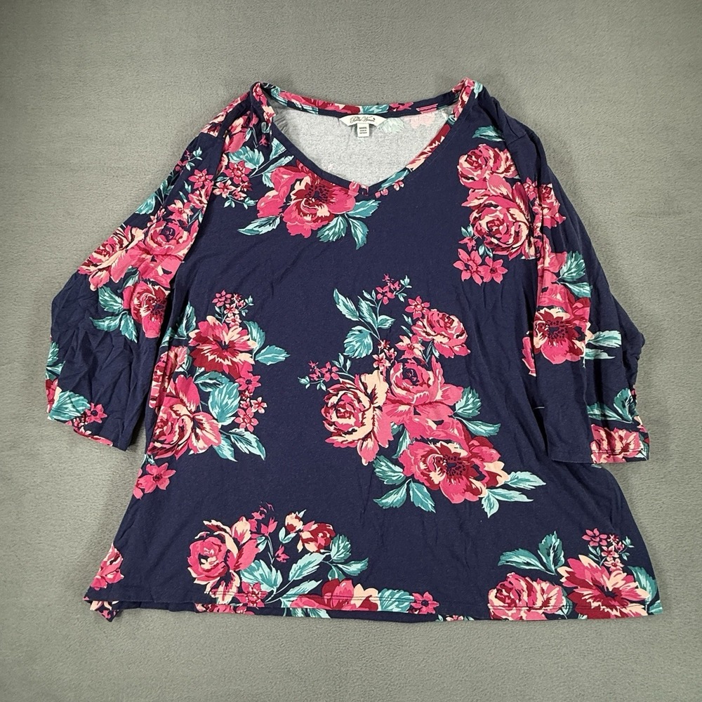 Pioneer‎ Woman Top 4XL Blue Floral V-Neck 3/4 Sleeve Pullover Stretch